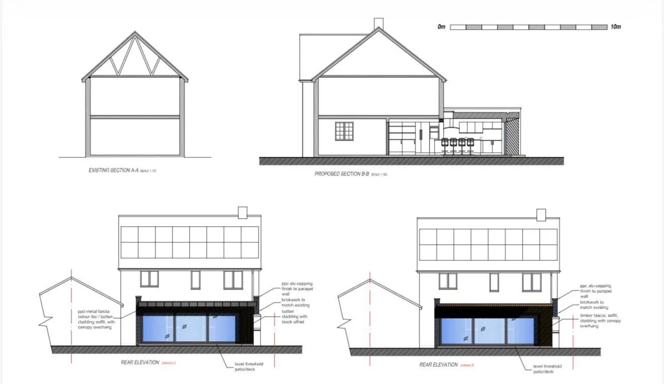 Architect's elevation and section drawings for a rear extension