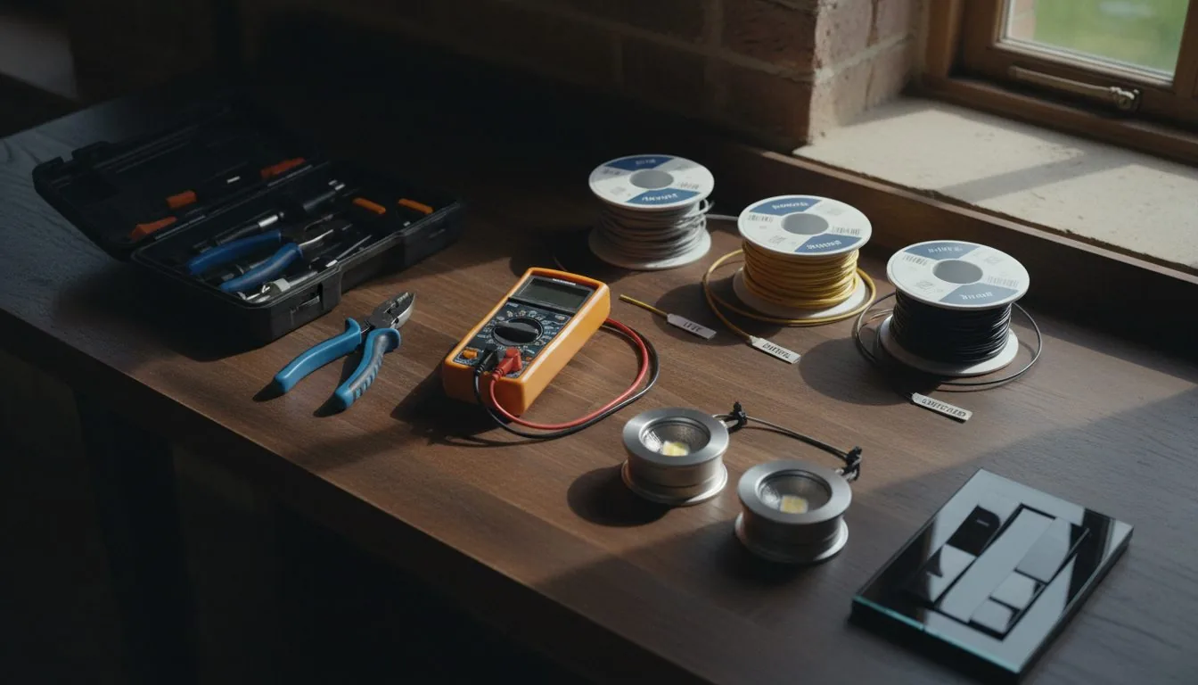 Multimeter, cable reels and hand tools laid out before an electrical install