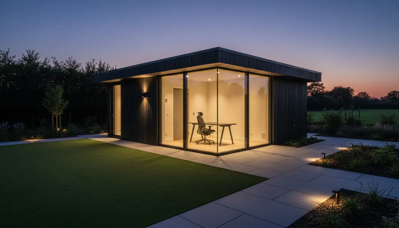Insulated garden room lit at dusk, set on paved foundations